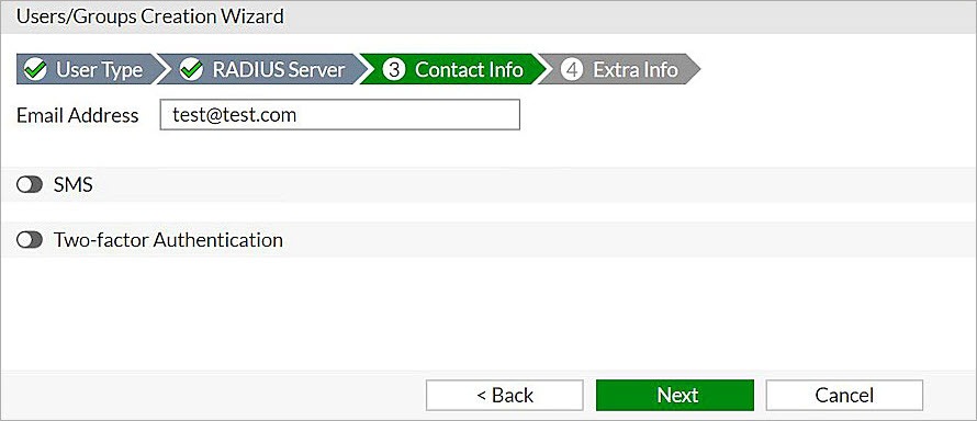 Screenshot of the email address for the RADIUS user